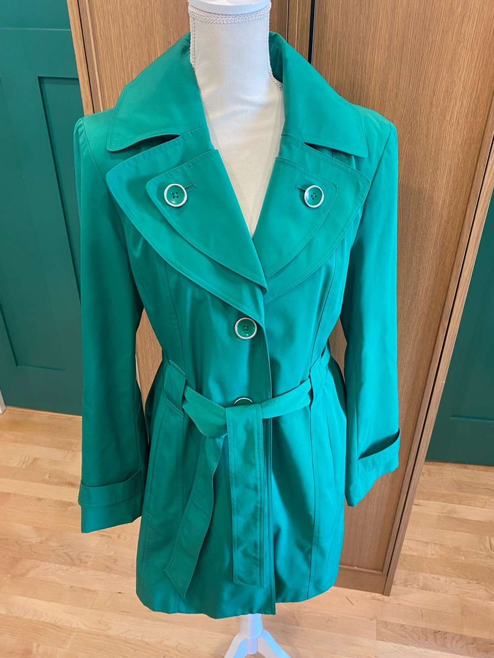 London Fog Womens Emerald / Kelly Green Belted Trench Coat